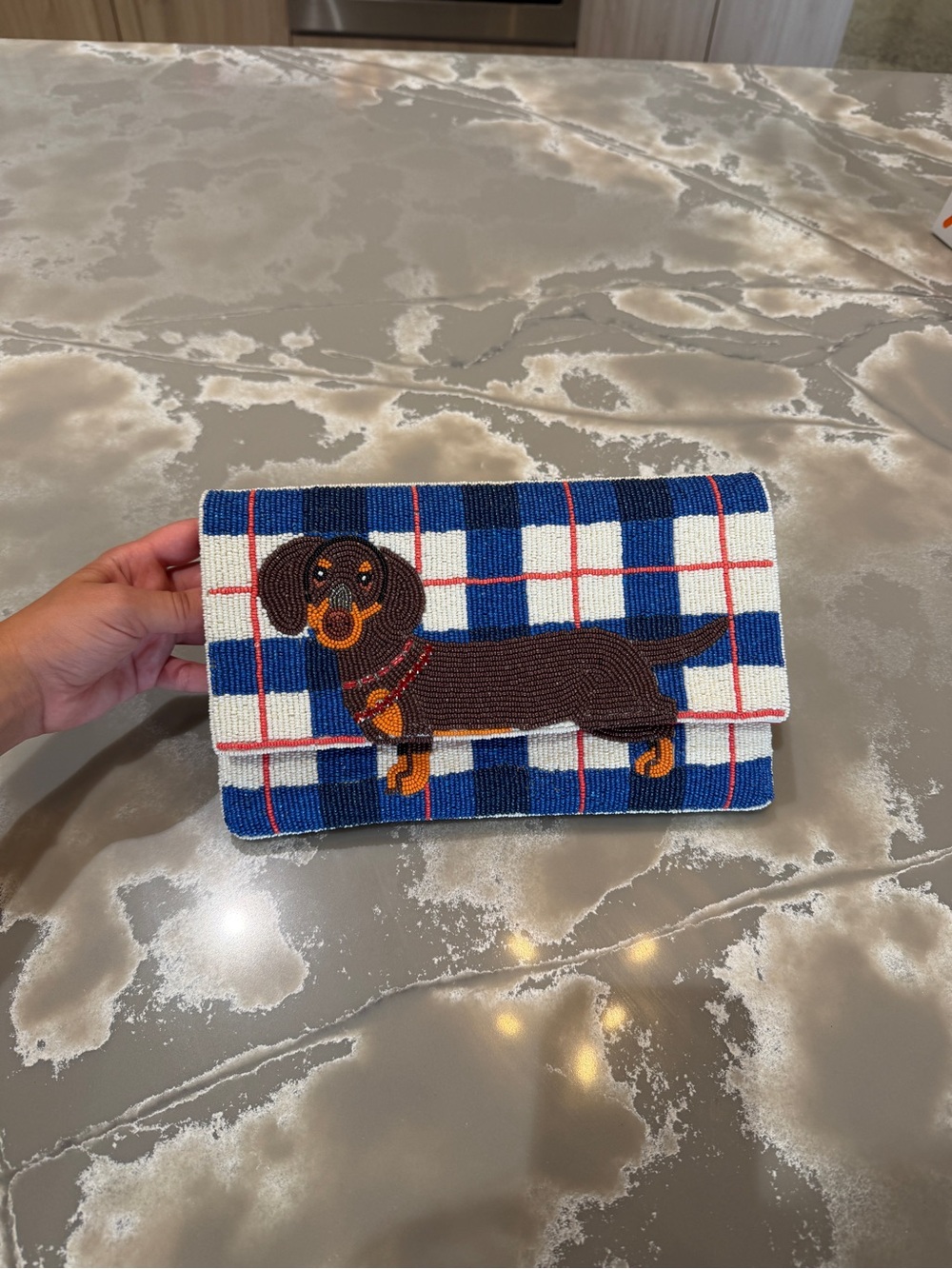 Beaded Dachshund Clutch Wallet - Blue Plaid